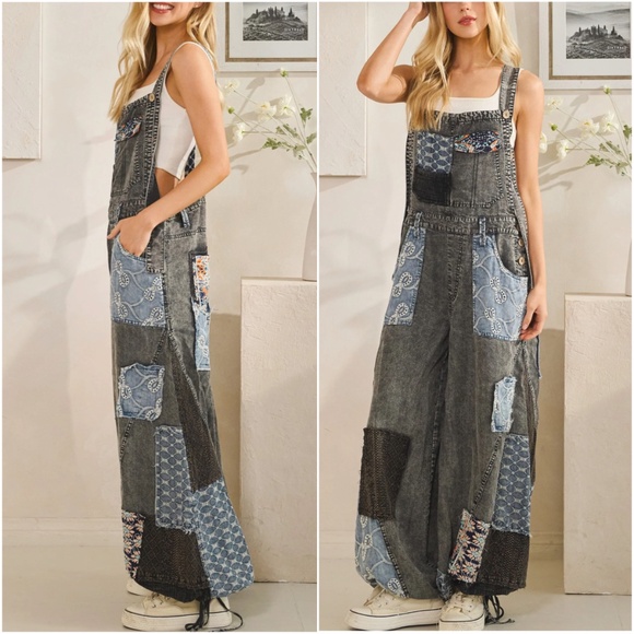 Oli & Hali Mineral Wash Embroidered Tercel Wide Leg Denim Overalls - Picture 2 of 3